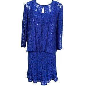 Alex Evenings Blue Lace Sleeveless Dress & Sheer Jacket Set Sequin Party sz 10